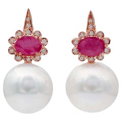 White Pearls, Rubies, Diamonds, 14 Karat Rose Gold Retrò Earrings