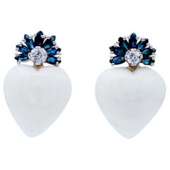 White Coral, Sapphires, Diamonds, 14 Karat White Gold Earrings