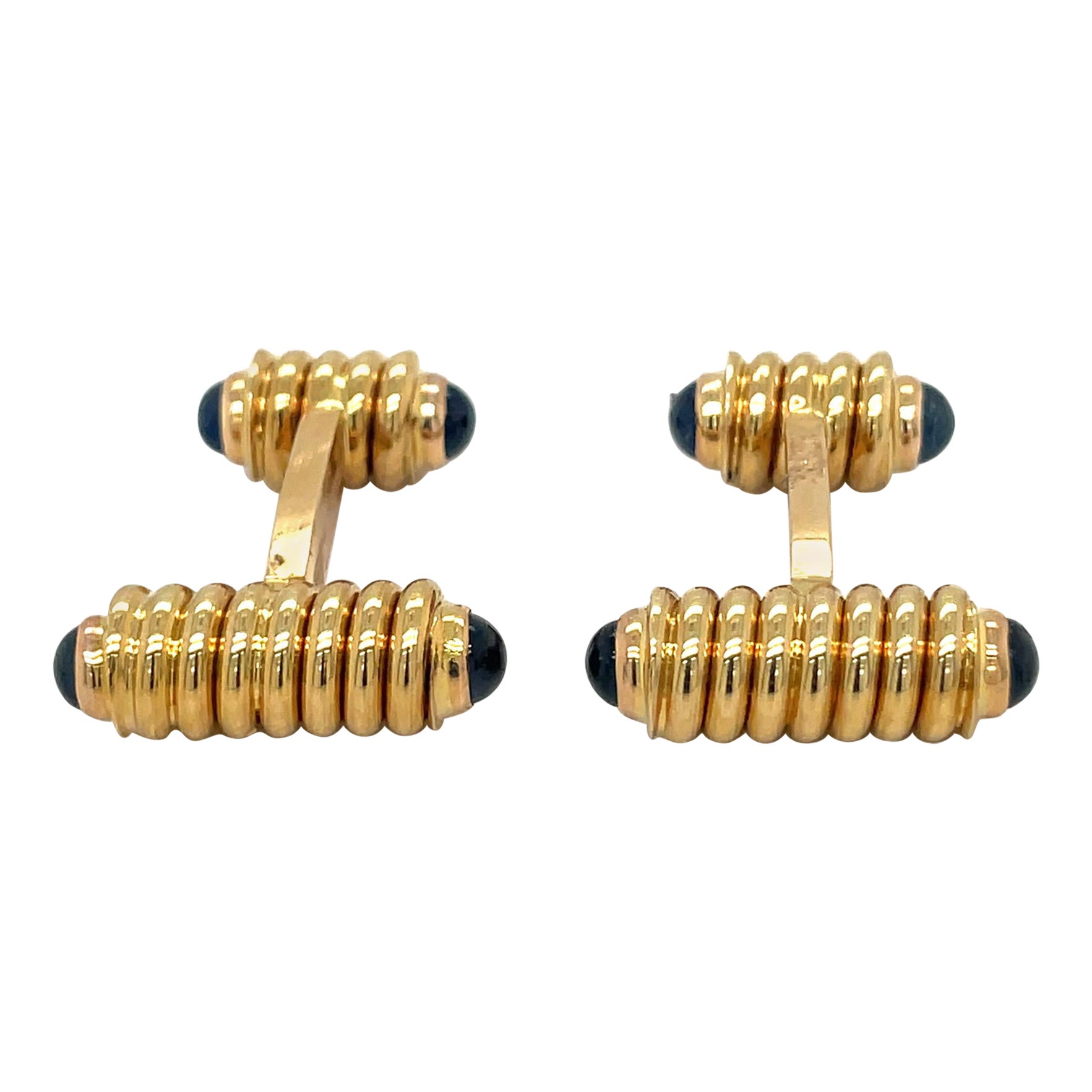 18KT Yellow Gold Spiral Bar Cuff Links with Blue Sapphire Cabochons For Sale