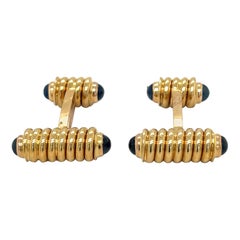 18KT Yellow Gold Spiral Bar Cuff Links with Blue Sapphire Cabochons