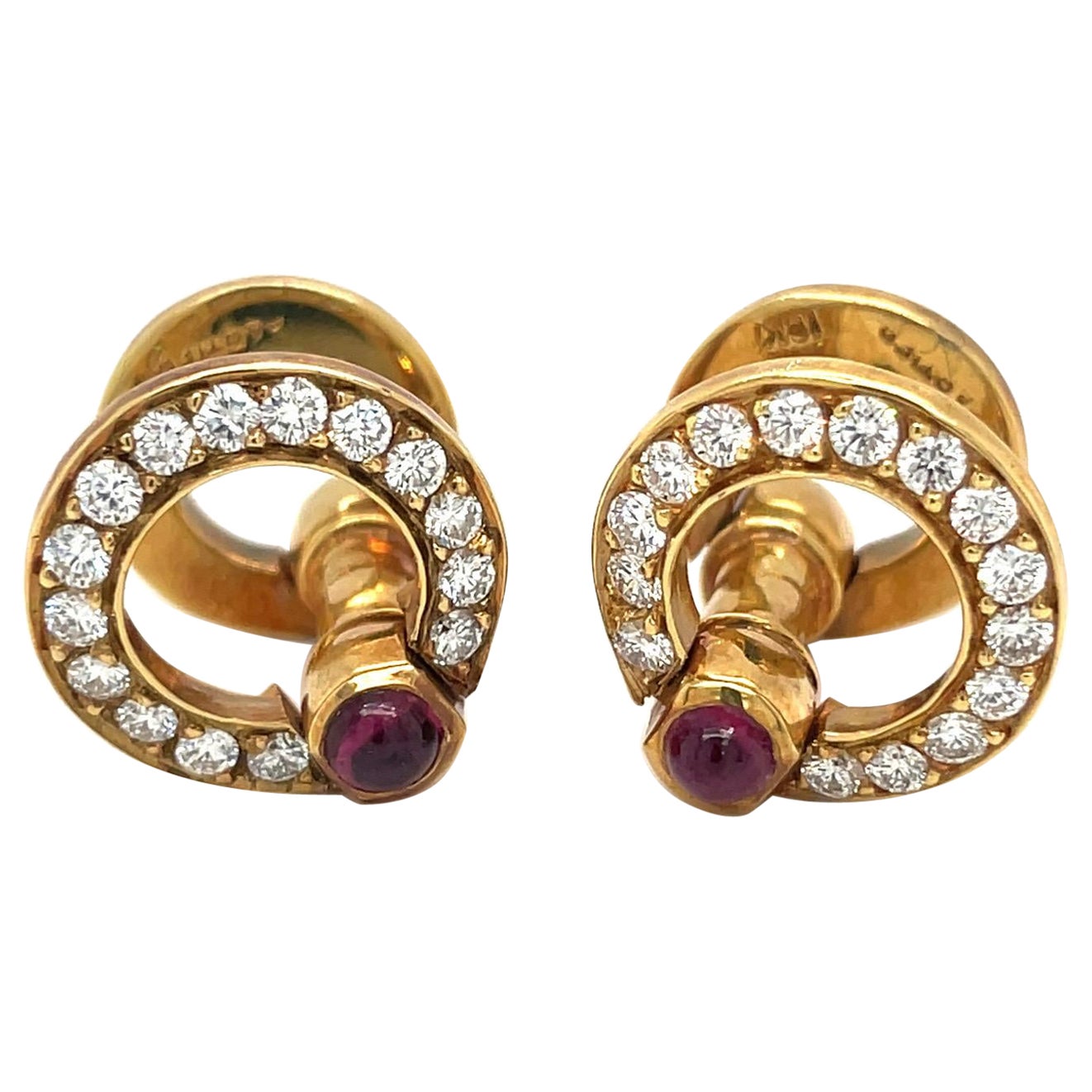 Cartier 18 KT Yellow Gold Cuff Links with .94CT Diamonds 1.25 Ct Ruby Cabochon For Sale