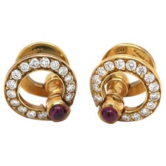 Cartier 18 KT Yellow Gold Cuff Links with .94CT Diamonds 1.25 Ct Ruby Cabochon