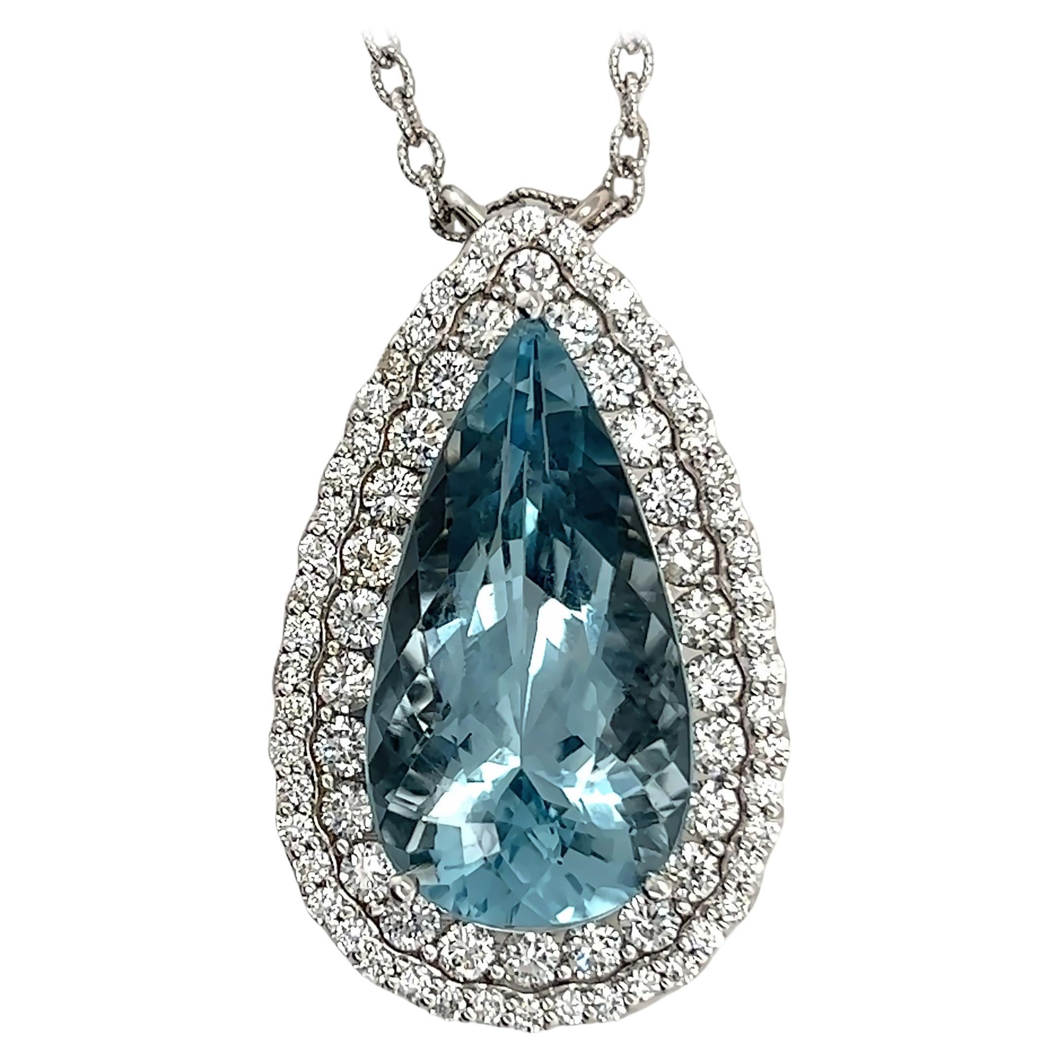 Natural Aquamarine Diamond Pendant Gold Chain 19.9 TCW Certified For Sale