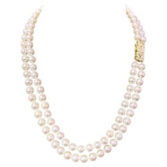 Collier Akoya en or à 2 rangs de perles et diamants de 7,5 mm, certifié 19,25"