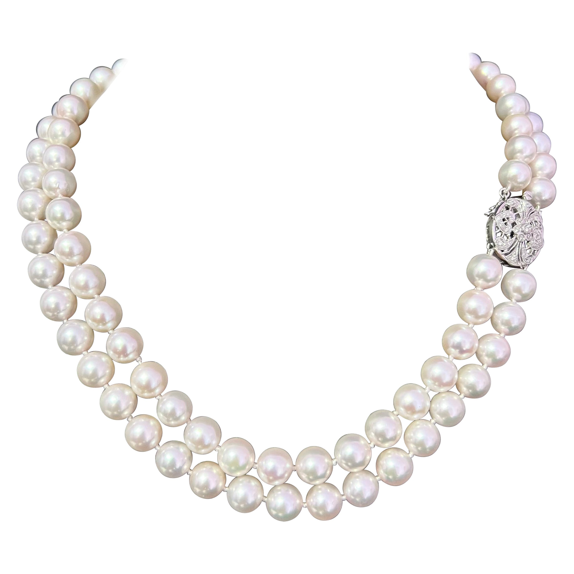 Akoya Pearl Diamond 2-Strand Gold Necklace 8.5 mm 17.25" Certified