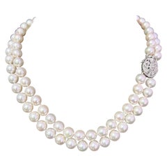 Collier Akoya à 2 rangs en or avec perles et diamants de 8,5 mm, certifié
