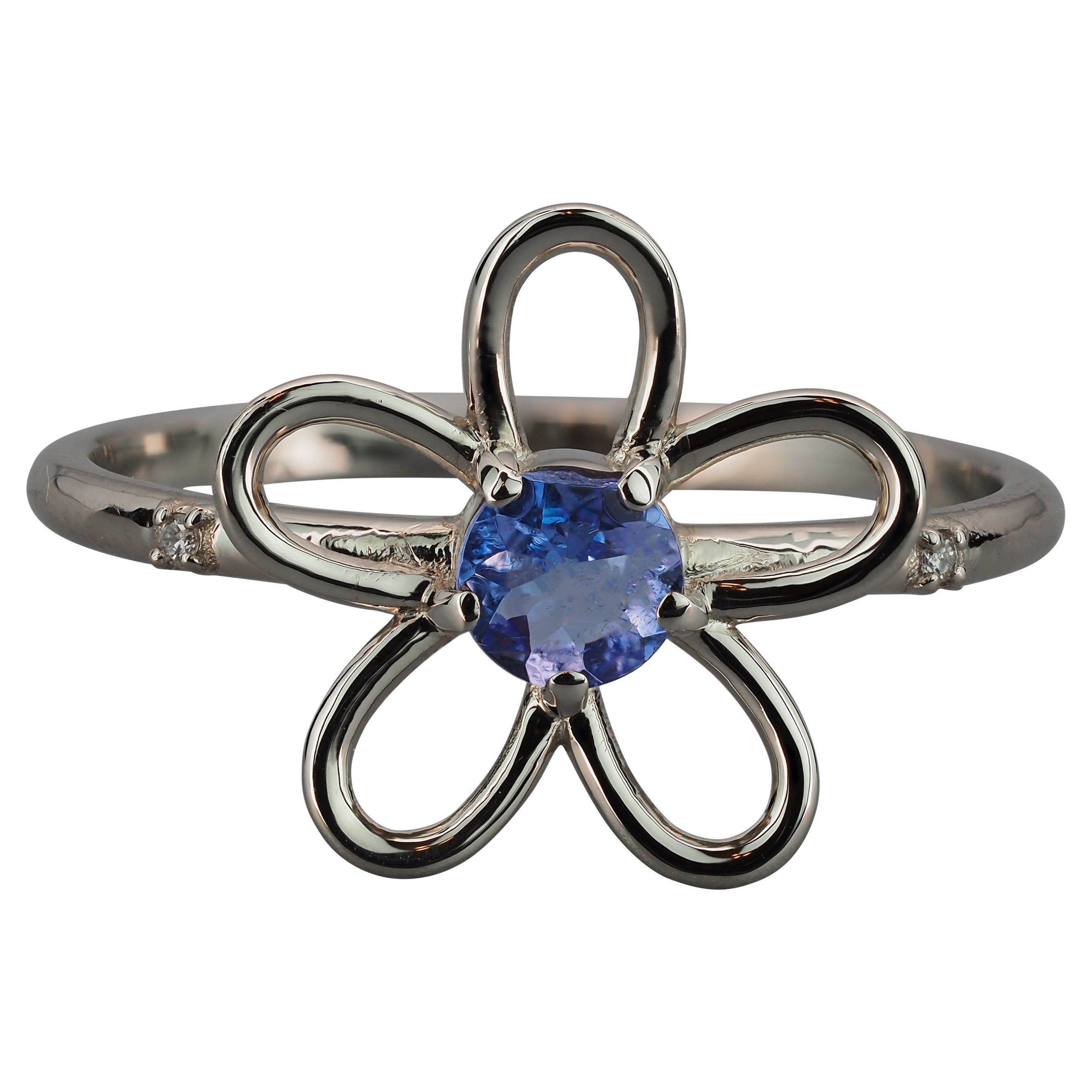 14k Gold Flower Ring with Tanzanite and Diamonds