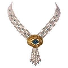 Marina J. Collana di perle e turchesi intrecciati con centrotavola vintage