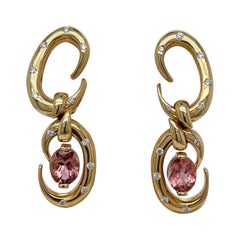 Dorfman 18 Karat Gold Diamond, & Tourmaline Dangle Clip Earrings