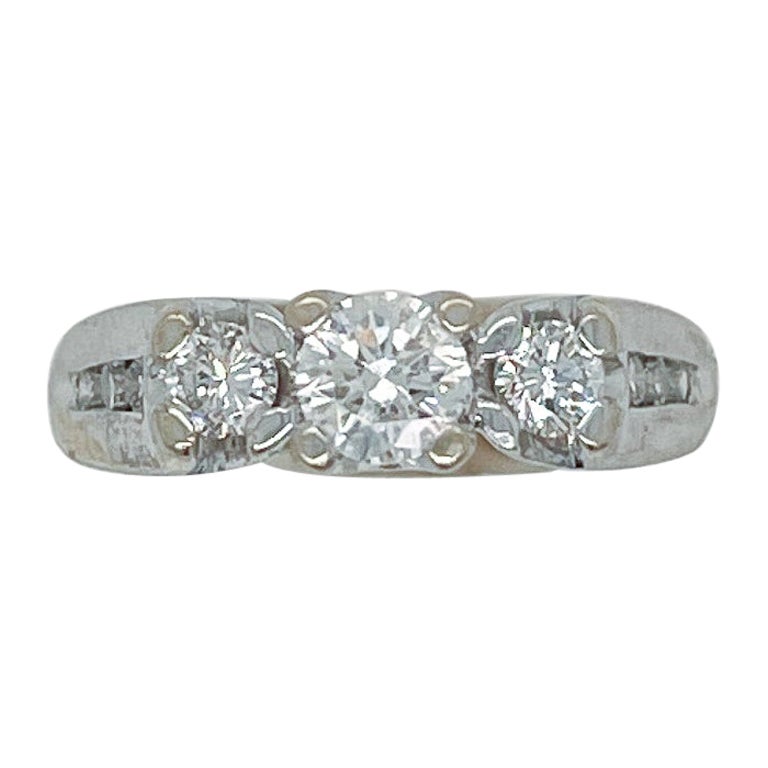 Signed 14 Karat White Gold & Diamond 3-Stone Engagement Ring For Sale