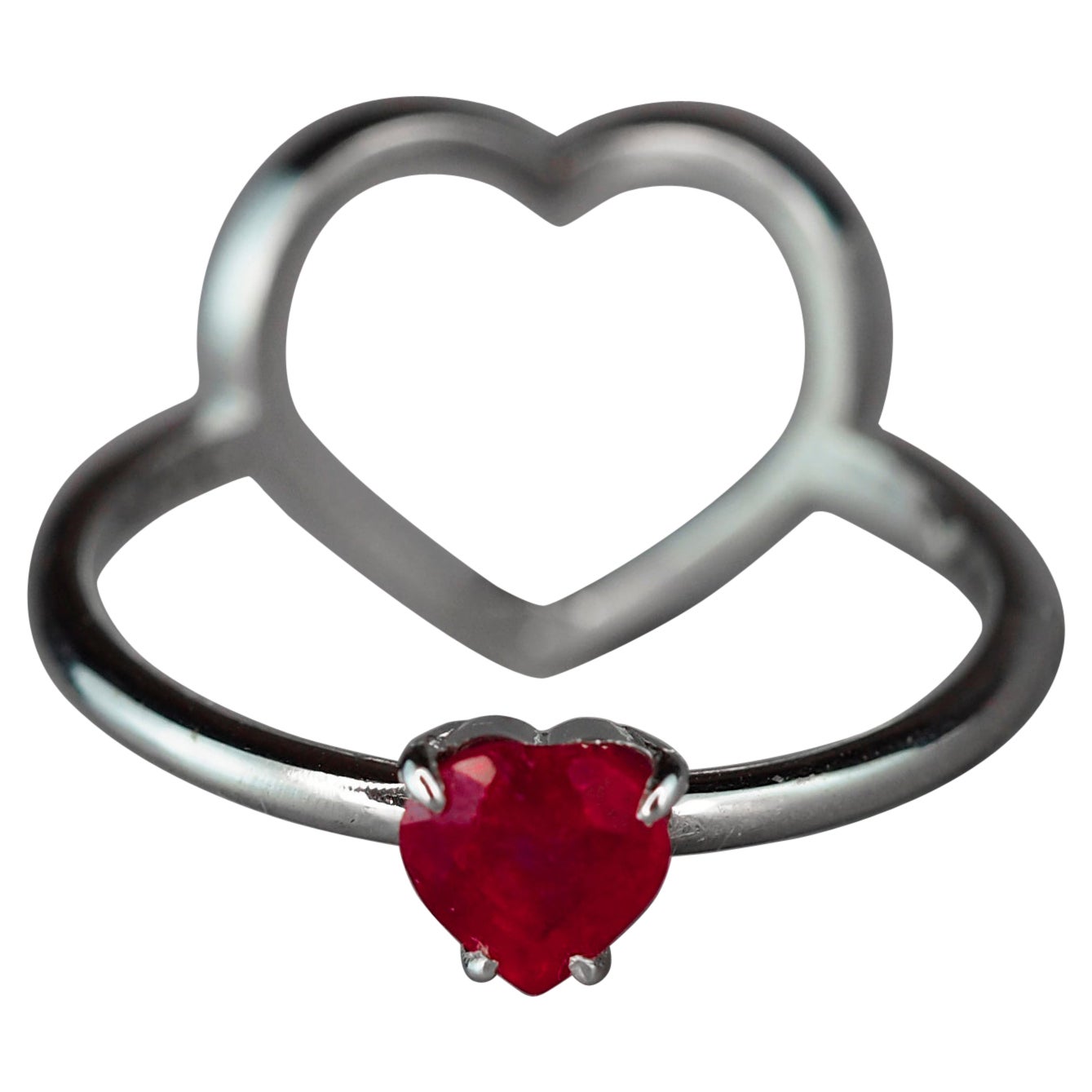 For Sale:  14k Gold Ring with Heart Ruby and Diamonds. July birthstone ruby ring