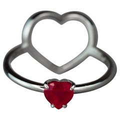 14k Gold Ring with Heart Ruby and Diamonds. July birthstone ruby ring