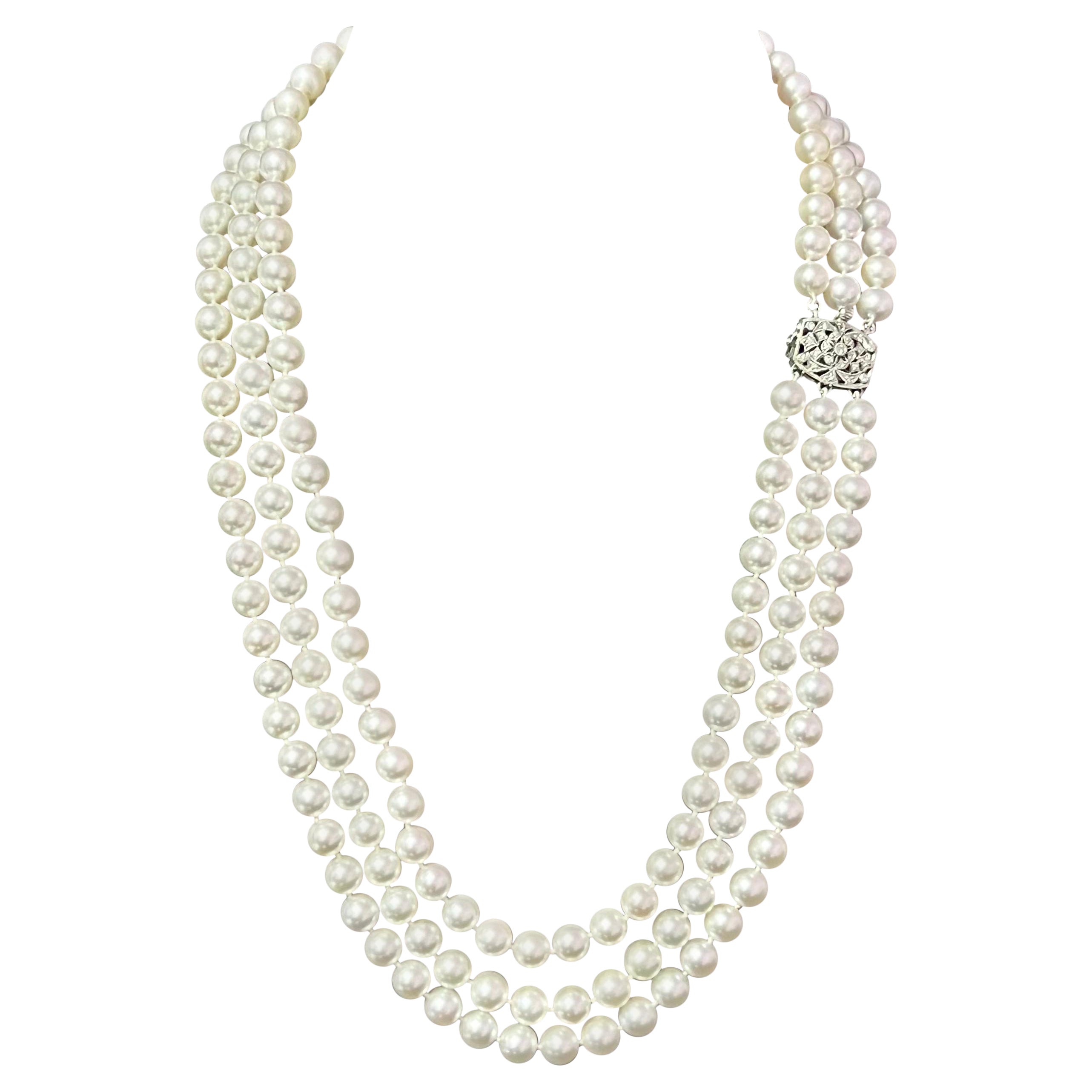 Akoya Pearl Diamond 3-Strand Gold Necklace 7.5 mm Certified