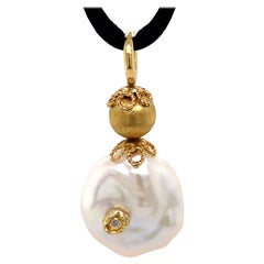 "Mr. Pudge" Freshwater Pearl Fob in 18 Karat Gold with Tiny Diamond Accent