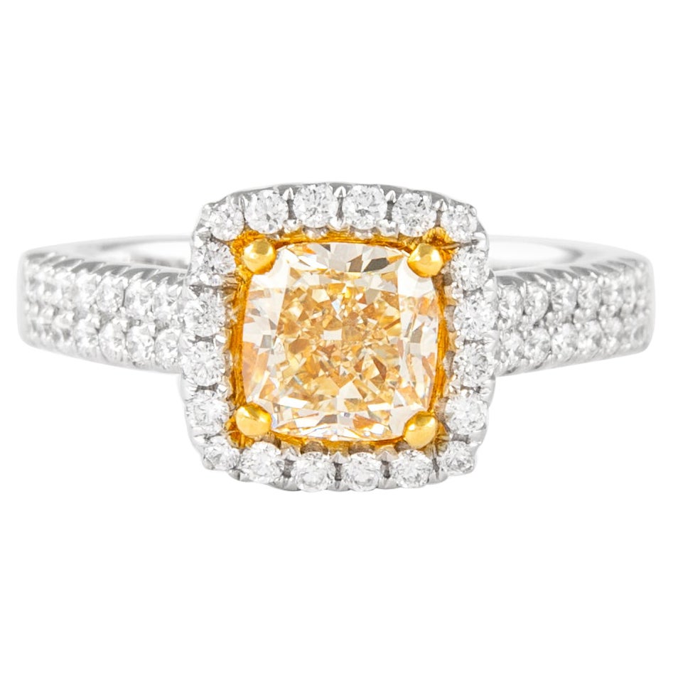 Alexander 1.41ct Fancy Intense Yellow Cushion VVS2 Diamond with Halo Ring 18k