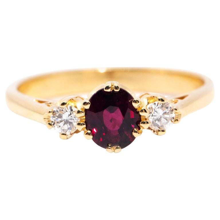 Red Deep Oval Ruby and Diamond Vintage Three Stone Ring 18 Carat Yellow ...