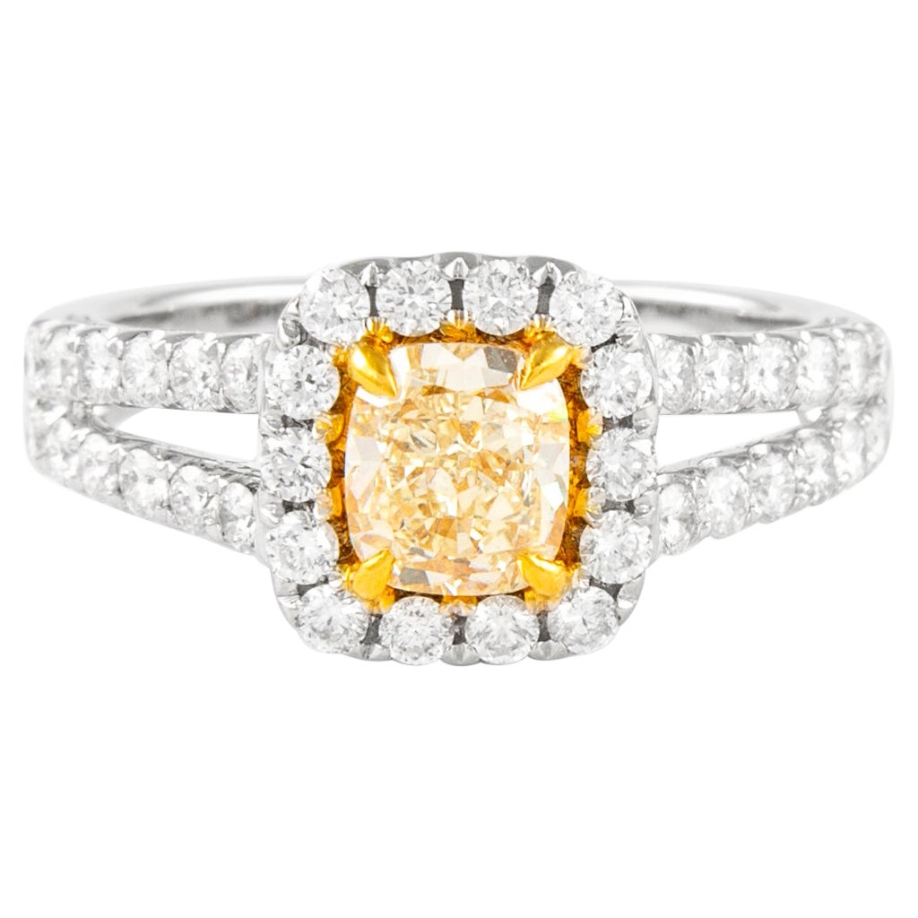 Alexander 1.79ctt Fancy Yellow Cushion VS1 Diamond with Halo Ring 18k Two Tone For Sale