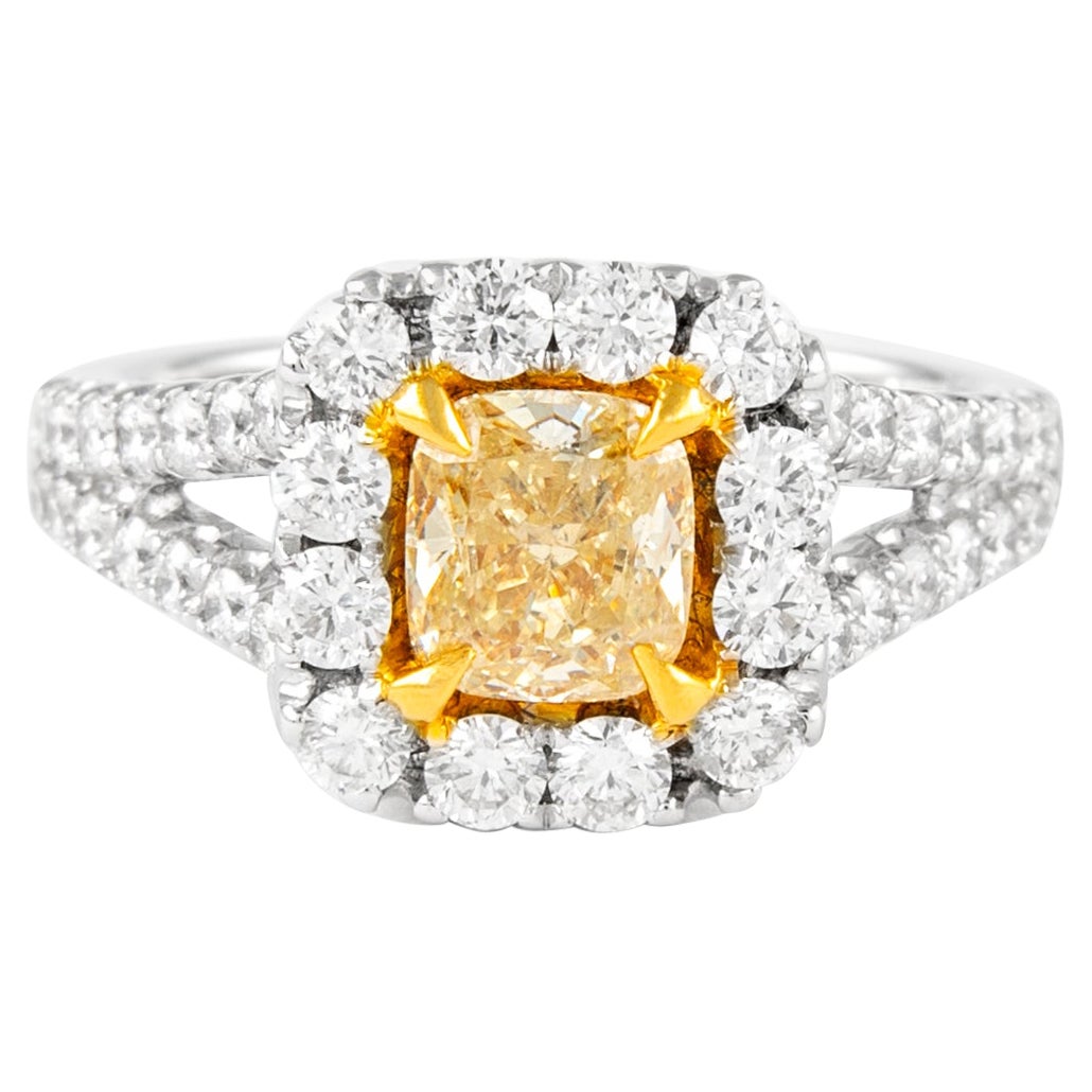 Alexander 1.01ct Fancy Intense Yellow Cushion Diamond with Halo Ring 18k For Sale