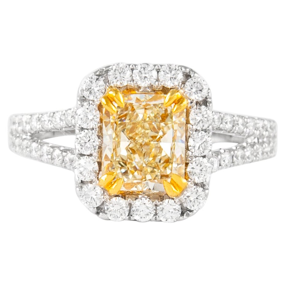 Alexander 2.42ctt Fancy Light Yellow Radiant Diamond with Halo Ring 18k Two Tone For Sale