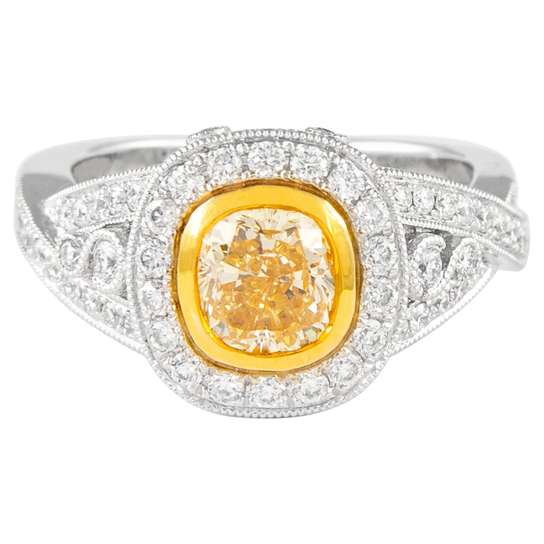 Alexander 1.31ct Fancy Intense Yellow Cushion Diamond with Halo Ring 18k Two Ton For Sale