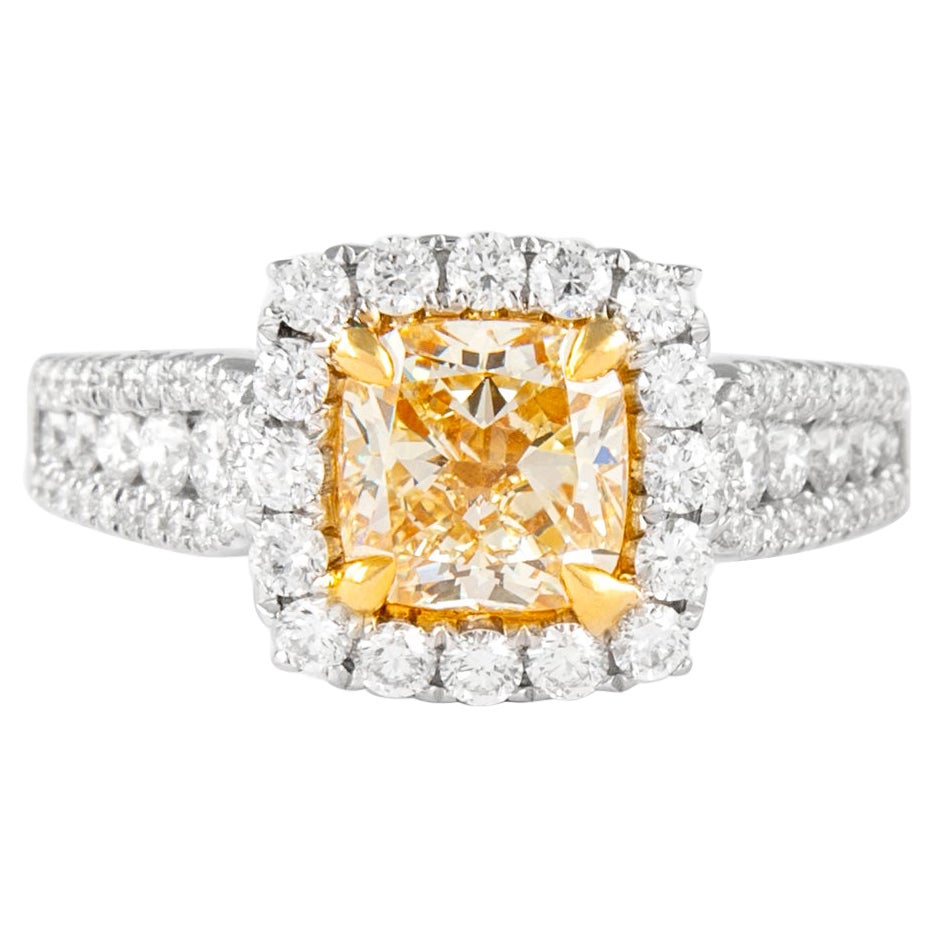 Alexander 1.61ct Fancy Intense Yellow VS1 Cushion Diamond with Halo Ring 18k For Sale