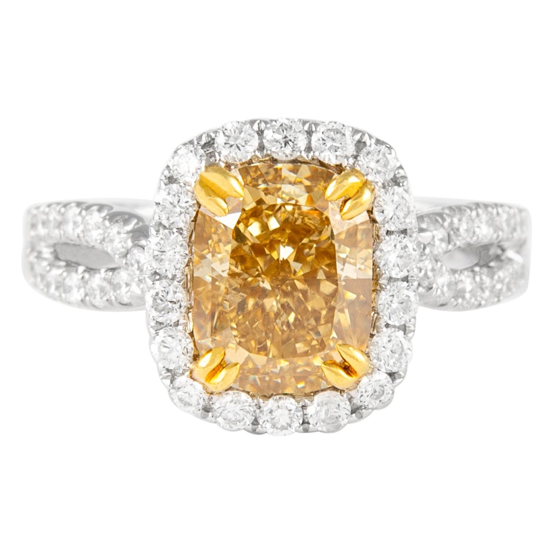 Alexander 3.07ct Fancy Yellow VS2 Cushion Diamond with Halo Ring 18k Two Tone For Sale