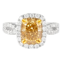 Alexander 3.07ct Fancy Yellow VS2 Cushion Diamond with Halo Ring 18k Two Tone