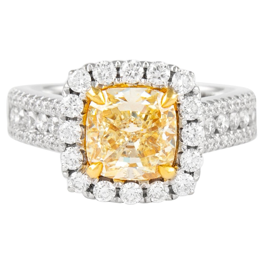 Alexander 2.38ct Fancy Yellow Cushion Diamond with Halo Ring 18k Two Tone For Sale
