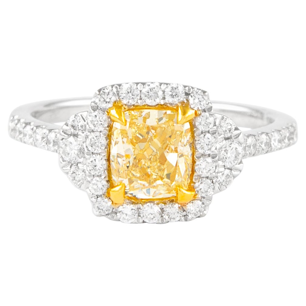 Alexander 1.07ct Fancy Intense Yellow Cushion Diamond with Halo Ring 18k For Sale