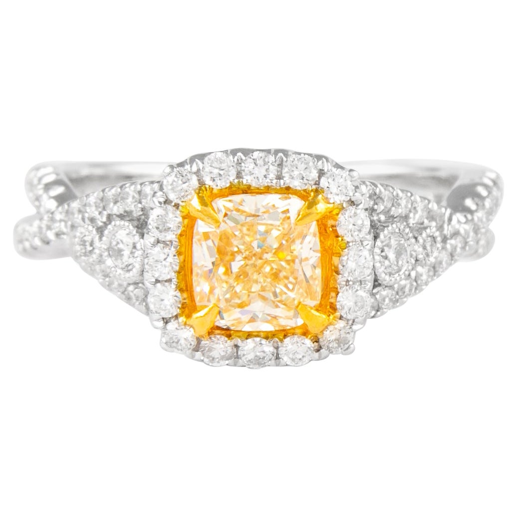 Alexander 1.50ctt Fancy Yellow VS2 Cushion Diamond with Halo Ring 18k Two Tone For Sale