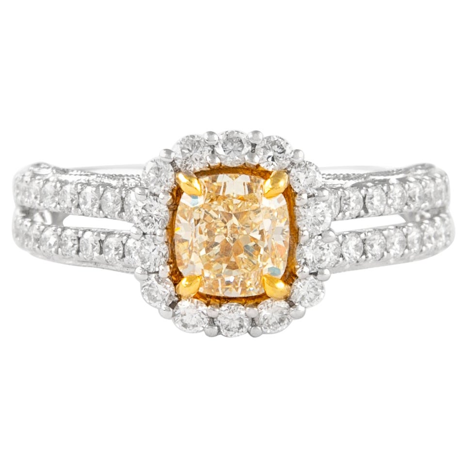 Alexander 1.68ctt Fancy Yellow VS2 Cushion Diamond with Halo Ring 18k Two Tone