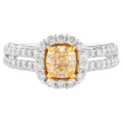 Alexander Bague bicolore 18 carats avec diamant jaune fantaisie taille coussin VS2 de 1,68 carat et halo