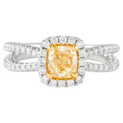 Alexander, bague bicolore 18 carats avec diamant jaune fantaisie taille coussin VS2 1,51 carat et halo