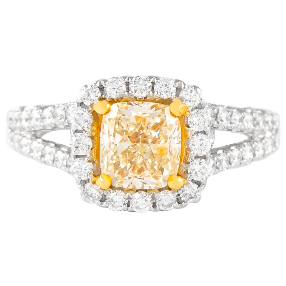 Alexander 1.97ctt Fancy Yellow VS1 Cushion Diamond with Halo Ring 18k Two Tone For Sale
