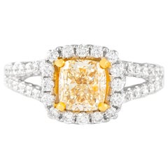 Alexander Bague bicolore 18 carats avec diamant jaune fantaisie taille coussin VS1 de 1,97 carat et halo