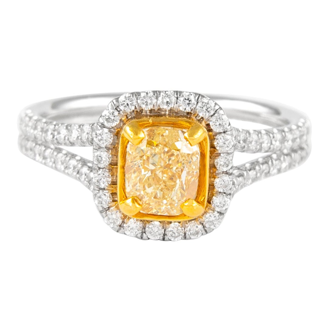Alexander 1.00ct Fancy Intense Yellow Cushion Diamond with Halo Ring 18k For Sale