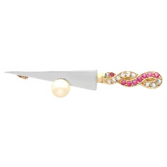 Vintage Pearl Ruby and Diamond and Yellow Gold Sword Brooch