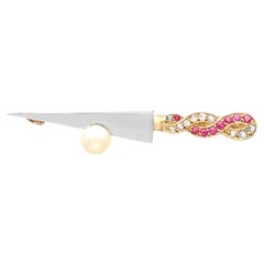 Vintage 1950s Pearl Ruby and Diamond and Yellow Gold Sword Brooch