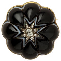 Antique Victorian Gold Flower Brooch with Onyx and Diamond