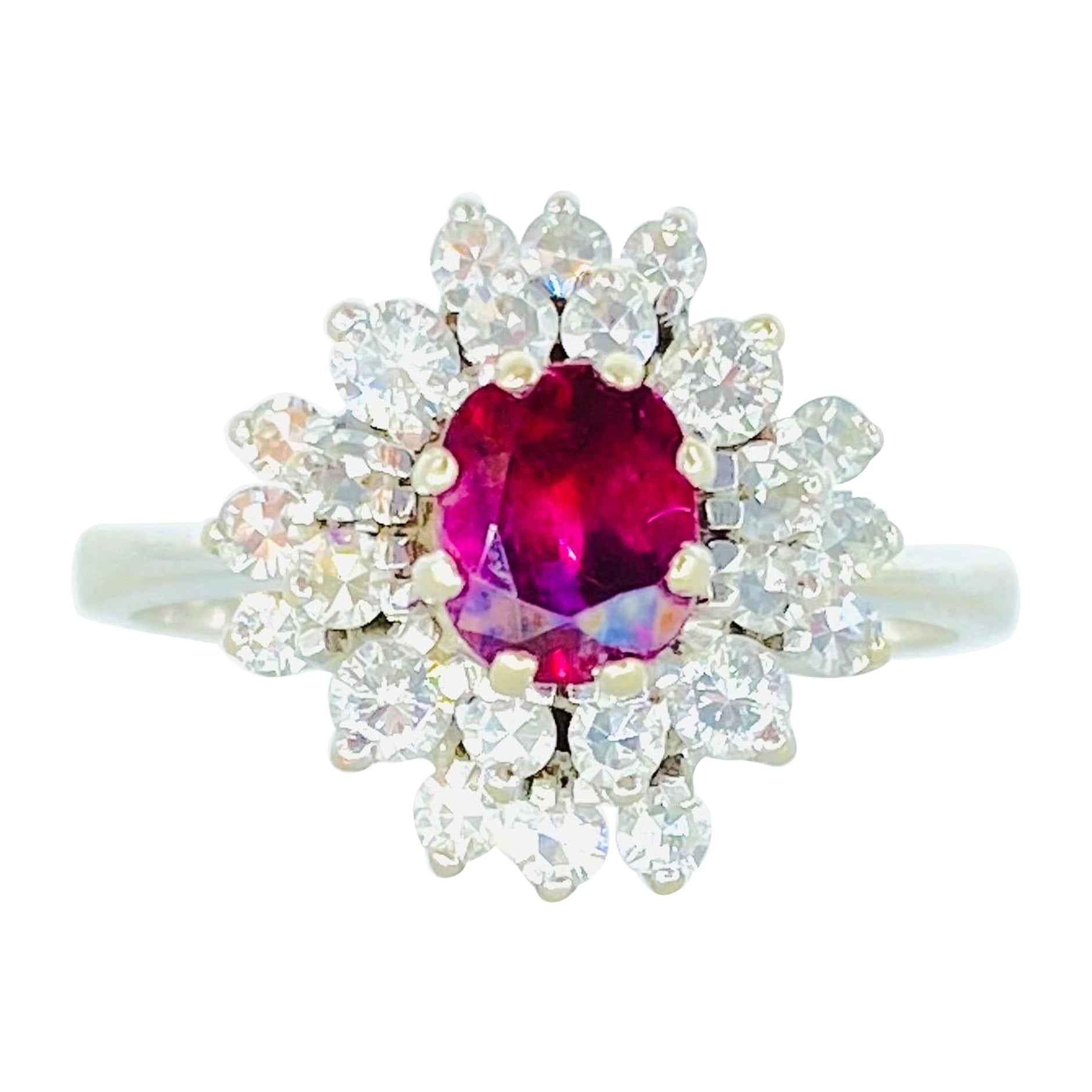 Vintage Ruby Center and Diamonds Surrounding Cluster Ring 18k White Gold For Sale