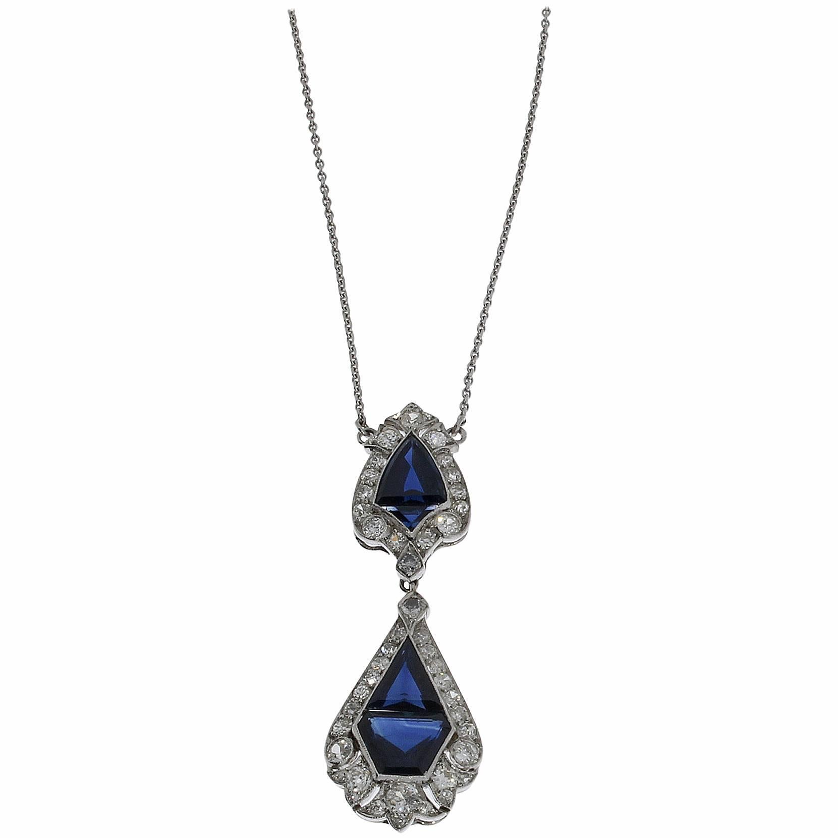 Blue Pailin Sapphire Diamond Gold Necklace in Art Deco Style For Sale