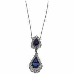Blue Pailin Sapphire Diamond Gold Necklace in Art Deco Style