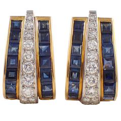 1980s Sapphire Diamond Two Color Gold Earrings