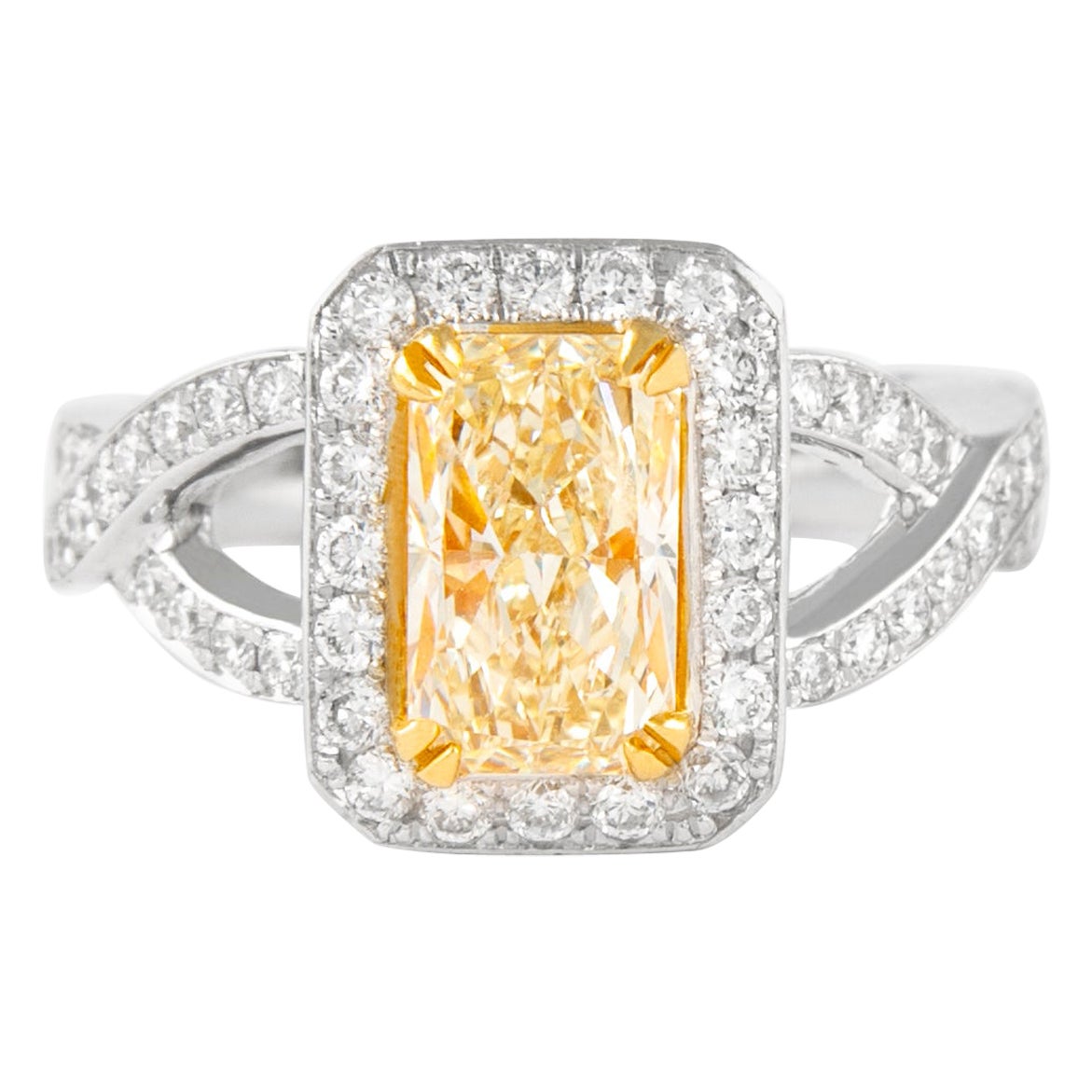 Alexander Bague bicolore 18 carats avec diamant jaune fantaisie de 2,30 carats VS1 et halo