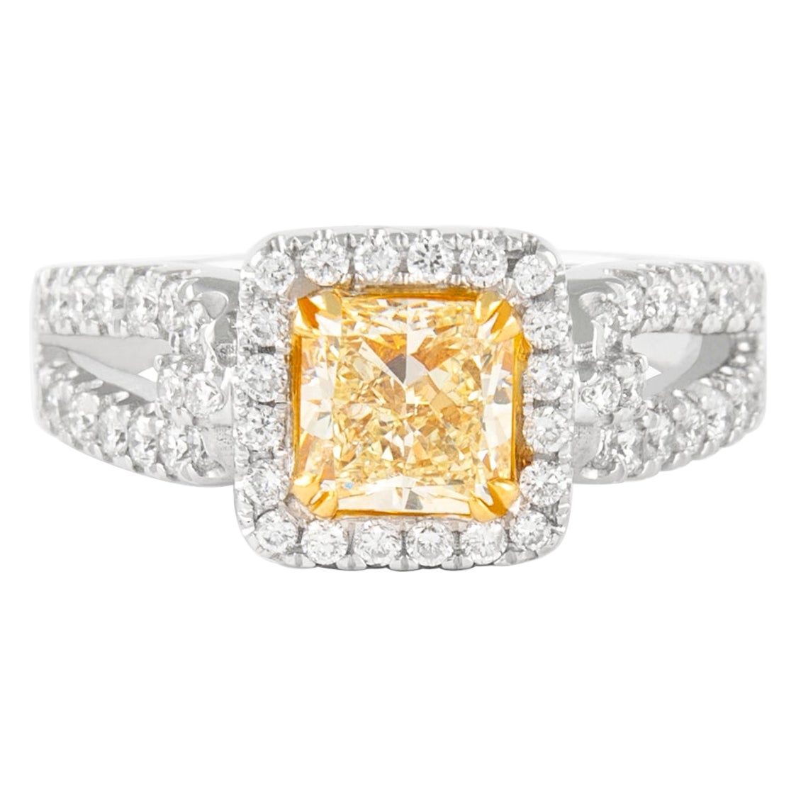Alexander 1.19ct Fancy Intense Yellow Radiant Diamond with Halo Ring 18k For Sale