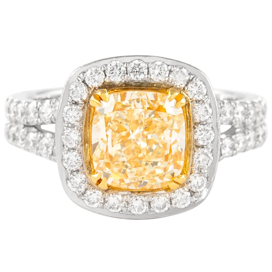 Alexander Bague en or 18 carats avec diamant jaune intense fantaisie taille coussin VS1 de 2,11 carats