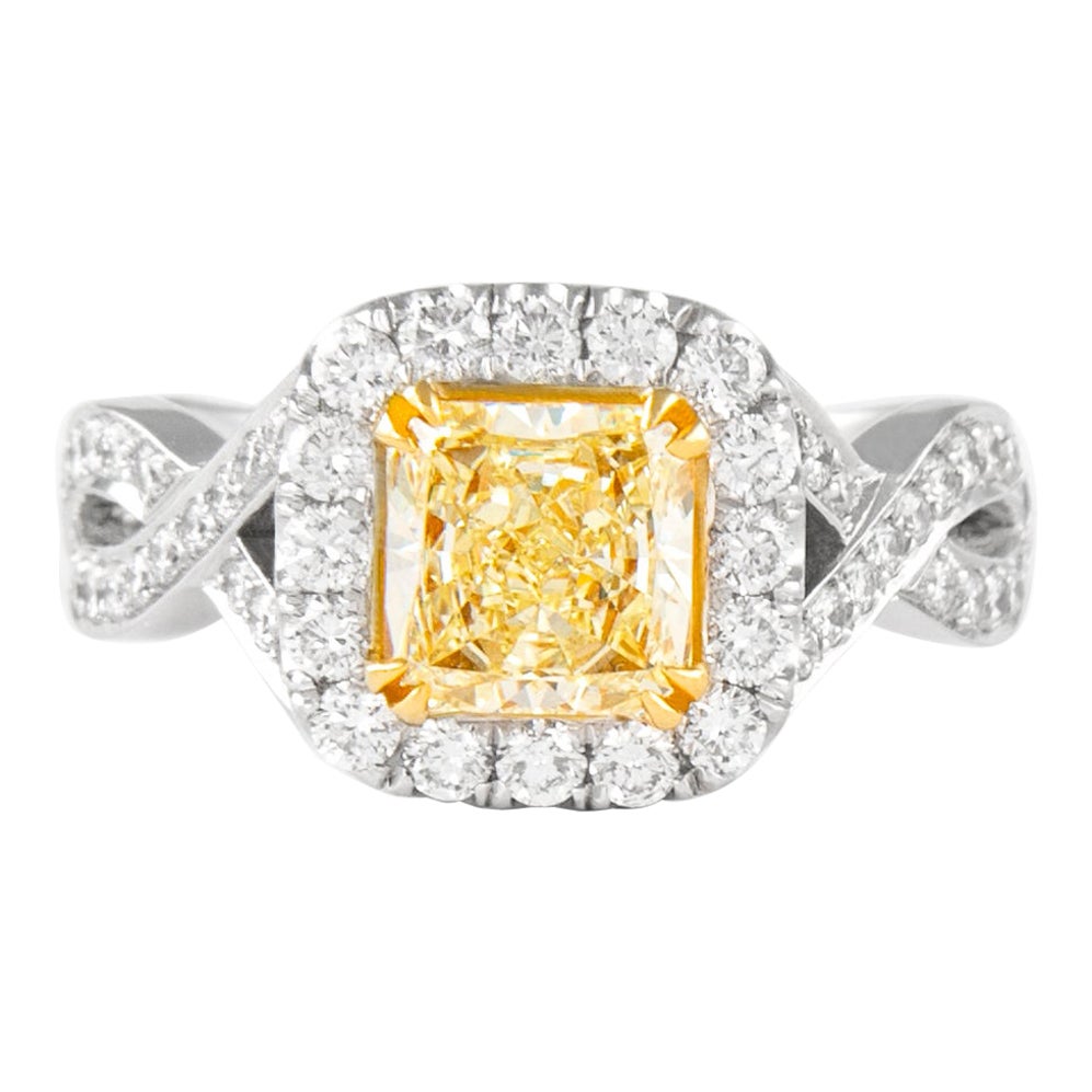 Alexander 1.25ct Fancy Intense Yellow VS1 Radiant Diamond with Halo Ring 18k