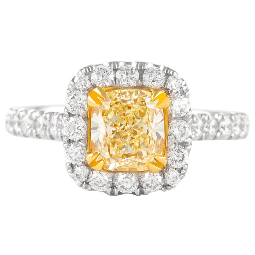 Alexander 2.33ctt Fancy Yellow VS1 Cushion Diamond with Halo Ring 18k Two Tone For Sale