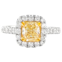 Alexander Bague bicolore 18 carats avec diamant jaune fantaisie taille coussin VS1 de 2,33 carats et halo