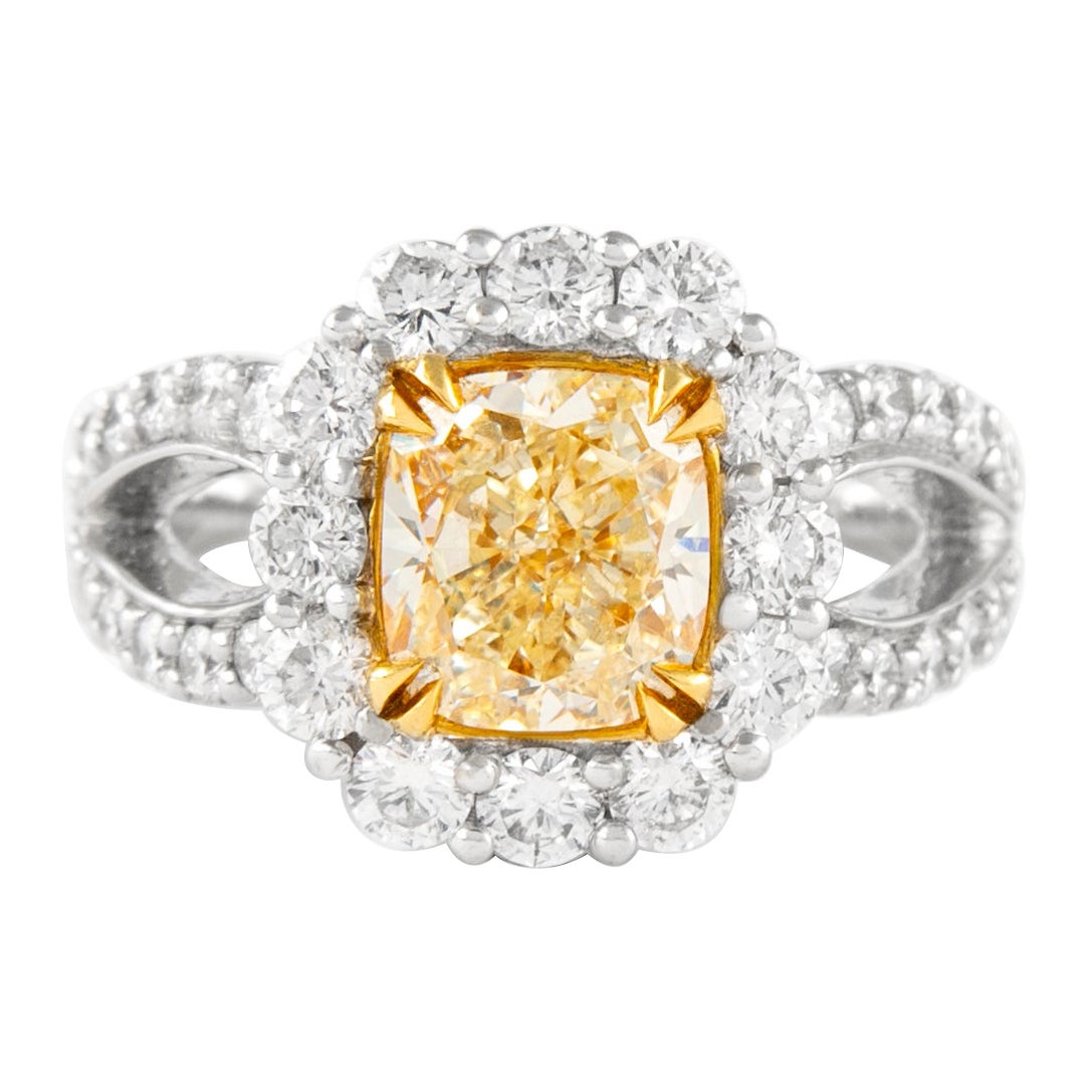 Alexander 3.34ctt Fancy Yellow Cushion Diamond with Halo Ring 18k Two Tone For Sale